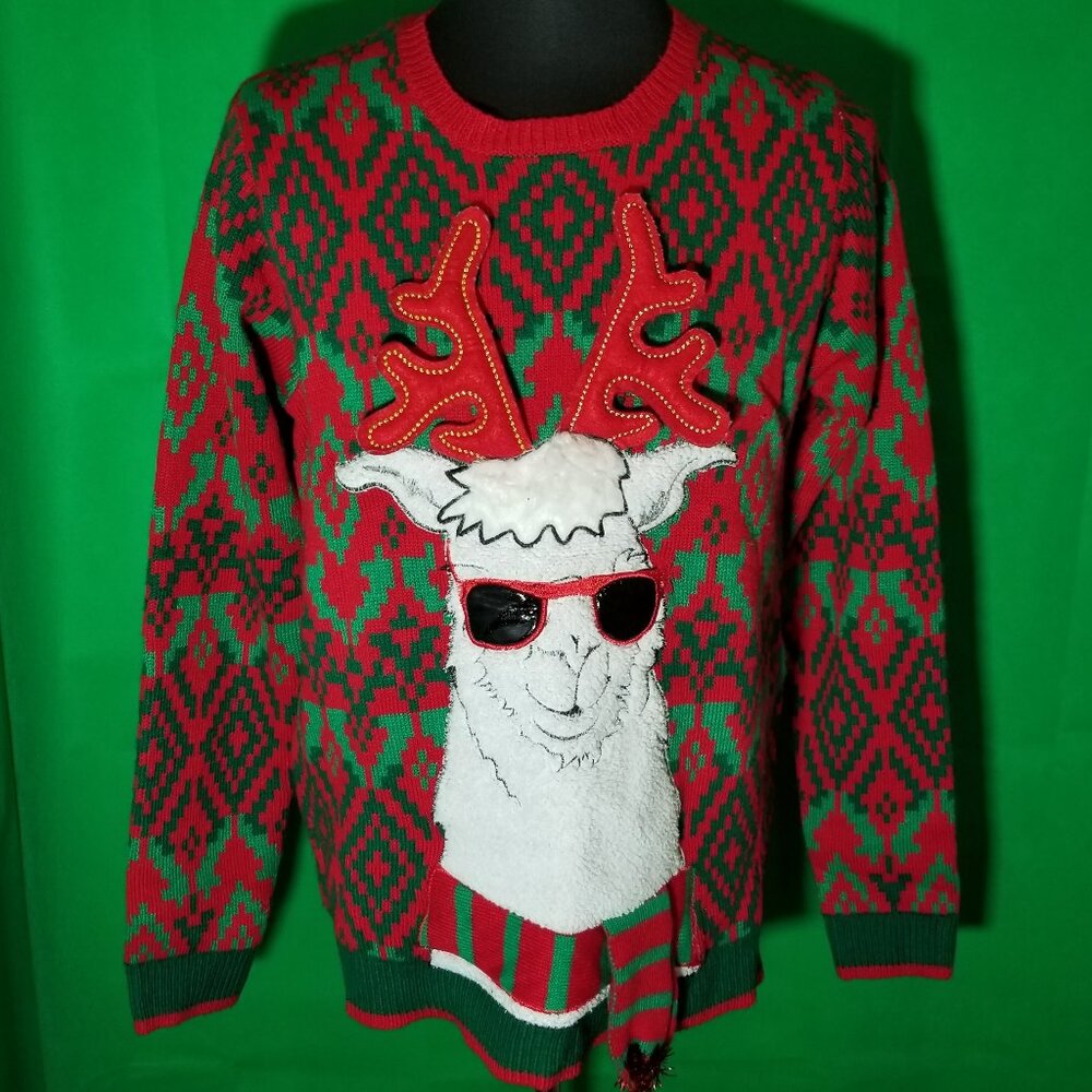 Holiday Time Ugly Christmas Sweater Llama Sunglasses Men‎ Large 42-44 Red Green